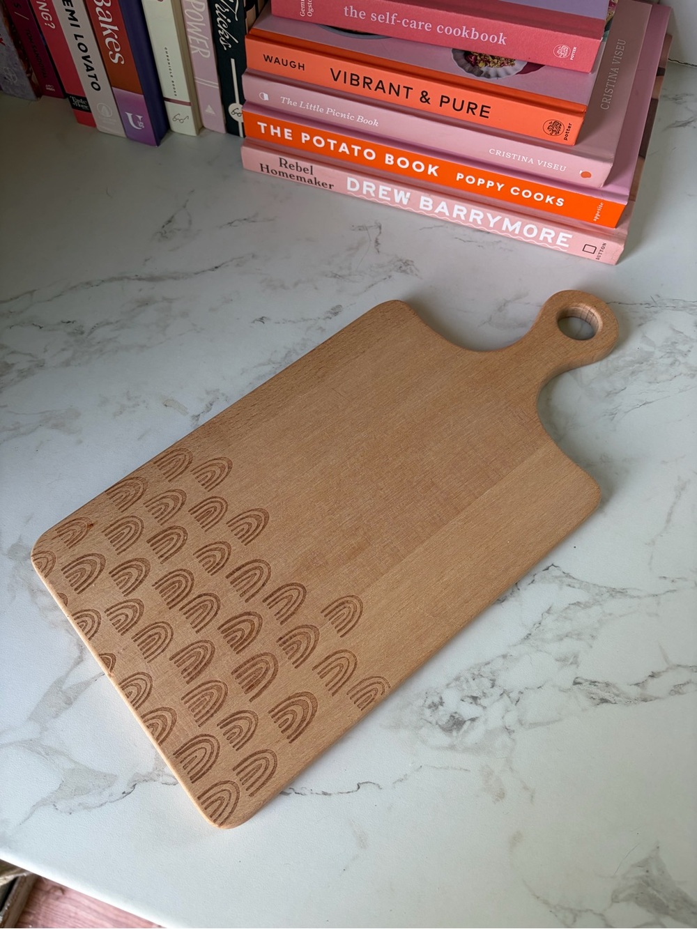 Wood Handle Cutting Board with Engraved Rainbow Pattern - Natural